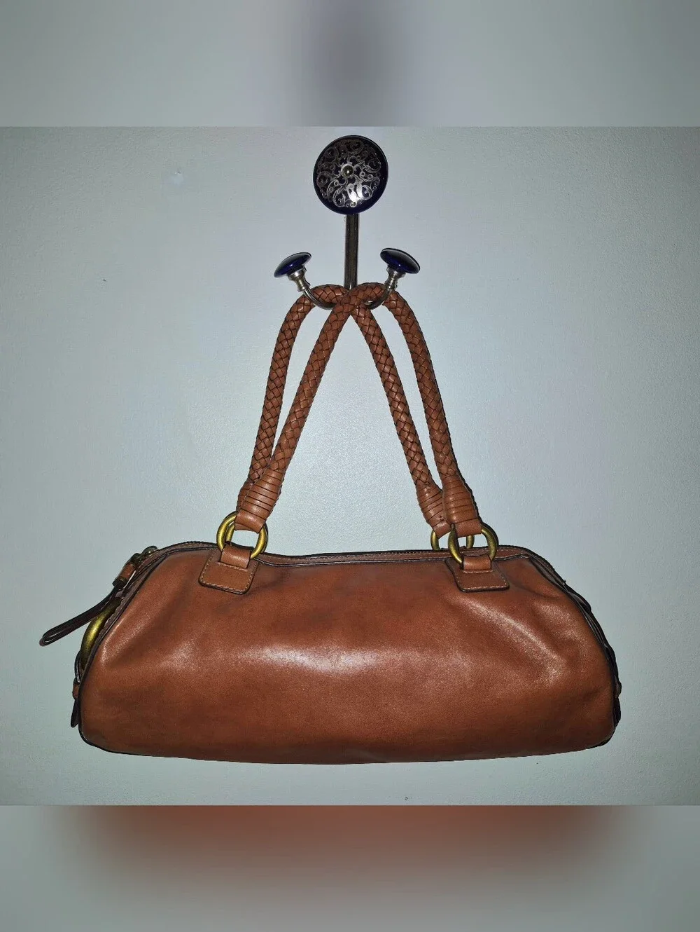 🔥Mint! Cole Haan Cognac Premium Leather Barrel Bag Braided Straps Brass Rings